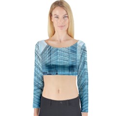 Architecture Blue Drawing Engineering City Modern Building Exterior Long Sleeve Crop Top by 99art