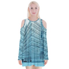 Architecture Blue Drawing Engineering City Modern Building Exterior Velvet Long Sleeve Shoulder Cutout Dress by 99art