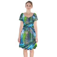 Anime Landscape Apocalyptic Ruins Water City Cityscape Short Sleeve Bardot Dress by 99art