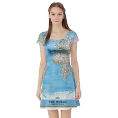 Blue White And Green World Map National Geographic Short Sleeve Skater Dress by B30l