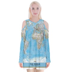 Blue White And Green World Map National Geographic Velvet Long Sleeve Shoulder Cutout Dress by B30l