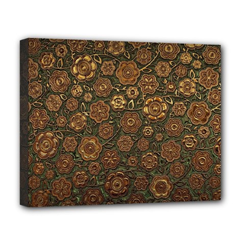 Brown And Green Floral Print Textile Ornament Pattern Texture Deluxe Canvas 20  X 16  (stretched) by danenraven