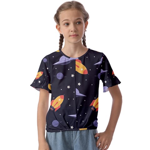 Cosmos Rockets Spaceships Ufos Kids  Cuff Sleeve Scrunch Bottom Tee by Cowasu