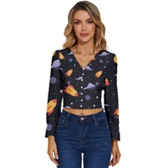 Cosmos Rockets Spaceships Ufos Long Sleeve V-neck Top by Cowasu