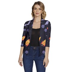 Cosmos Rockets Spaceships Ufos Women s Draped Front 3/4 Sleeve Shawl Collar Jacket by Cowasu