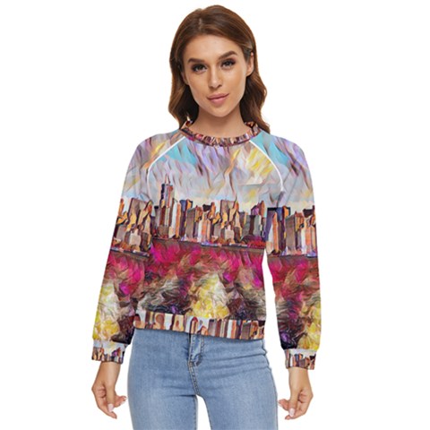 New York Skyline Manhattan City Women s Long Sleeve Raglan Tee by Cowasu