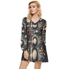 Illustrations Technology Robot Internet Processor Tiered Long Sleeve Mini Dress by Cowasu