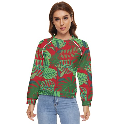 Leaves Leaf Nature Pattern Red Green Women s Long Sleeve Raglan Tee by Cowasu
