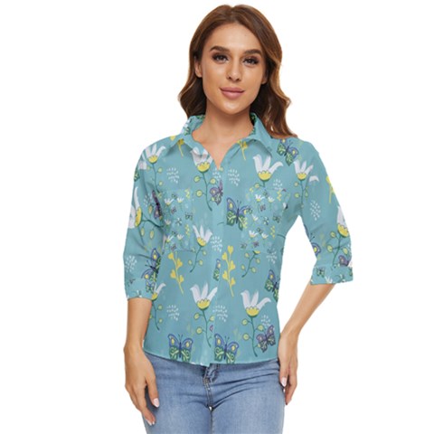 Butterfly Flower Blue Background Women s Quarter Sleeve Pocket Shirt by danenraven