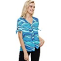 Pattern Ocean Waves Blue Nature Sea Abstract Bow Sleeve Button Up Top View3
