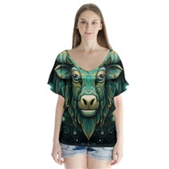 Bull Star Sign V-neck Flutter Sleeve Top by Bangk1t