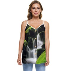 Waterfall Moss Korea Mountain Valley Green Forest Casual Spaghetti Strap Chiffon Top by Ndabl3x