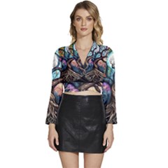 Tree Colourful Long Sleeve Tie Back Satin Wrap Top by Ndabl3x