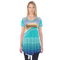 Tsunami Tidal Wave Minimalist Logo Ocean Sea Short Sleeve Tunic  by Wav3s