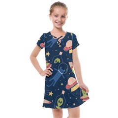 Seamless-pattern-with-funny-aliens-cat-galaxy Kids  Cross Web Dress by Wav3s