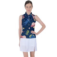 Seamless-pattern-with-funny-aliens-cat-galaxy Women s Sleeveless Polo Tee by Wav3s