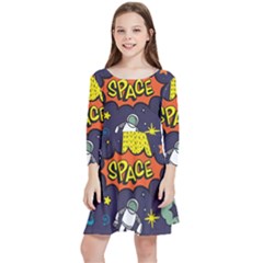 Vector Flat Space Design Background With Text Kids  Quarter Sleeve Skater Dress by Wav3s