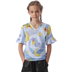 Science Fiction Outer Space Kids  V-neck Horn Sleeve Blouse by Ndabl3x