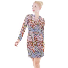 Map Europe Globe Countries States Button Long Sleeve Dress by Ndabl3x