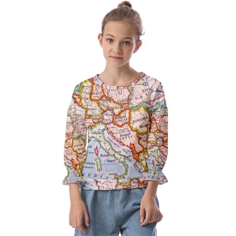 Map Europe Globe Countries States Kids  Cuff Sleeve Top by Ndabl3x