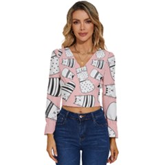 Cute Cats Cartoon Seamless-pattern Long Sleeve V-neck Top by Vaneshart