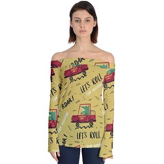 Childish-seamless-pattern-with-dino-driver Off Shoulder Long Sleeve Top by Vaneshart