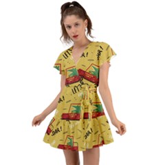 Childish-seamless-pattern-with-dino-driver Flutter Sleeve Wrap Dress by Vaneshart