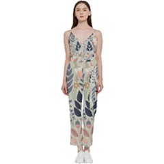 Flower Floral Pastel V-neck Spaghetti Strap Tie Front Jumpsuit by Vaneshop