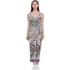 Abstract Background Ornamental V-neck Spaghetti Strap Tie Front Jumpsuit by Vaneshop
