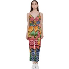 Flower Bloom Embossed Pattern V-neck Spaghetti Strap Tie Front Jumpsuit by Vaneshop
