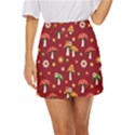 Woodland Mushroom And Daisy Seamless Pattern On Red Background Mini Front Wrap Skirt View1