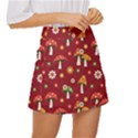 Woodland Mushroom And Daisy Seamless Pattern On Red Background Mini Front Wrap Skirt View3