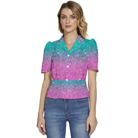 Pink And Turquoise Glitter Puffed Short Sleeve Button Up Jacket by Wav3s