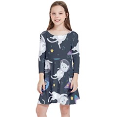 Space Cat Illustration Pattern Astronaut Kids  Quarter Sleeve Skater Dress by Wav3s