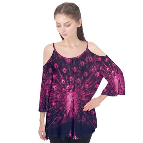 Peacock Pink Black Feather Abstract Flutter Sleeve Tee  by Wav3s