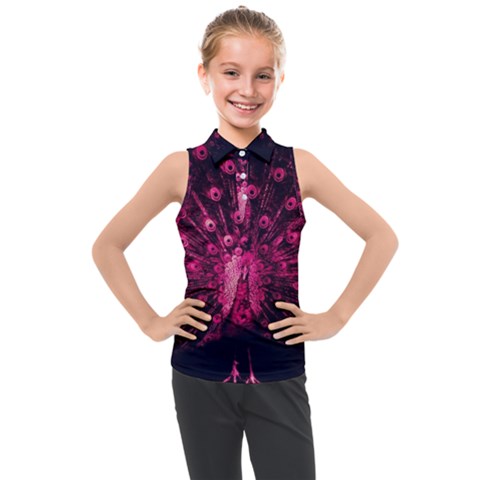 Peacock Pink Black Feather Abstract Kids  Sleeveless Polo Tee by Wav3s
