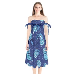 Cat Spacesuit Space Suit Astronaut Pattern Shoulder Tie Bardot Midi Dress by Wav3s