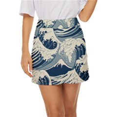 Japanese Wave Pattern Mini Front Wrap Skirt by Wav3s