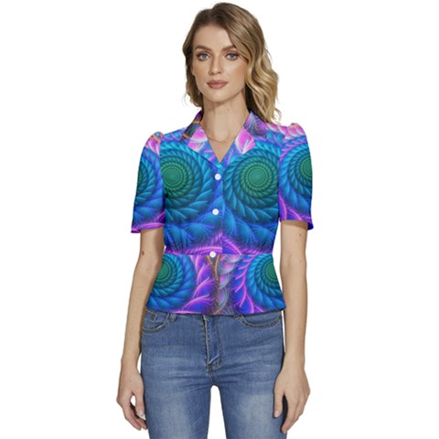 Peacock Feather Fractal Puffed Short Sleeve Button Up Jacket by Wav3s