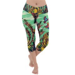 Monkey Tiger Bird Parrot Forest Jungle Style Lightweight Velour Capri Yoga Leggings by Grandong