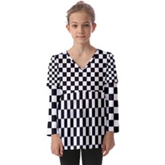 Black White Checker Pattern Checkerboard Kids  V Neck Casual Top by Cowasu
