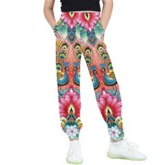 Pink Peacock Bird Pattern Texture Kids  Elastic Waist Pants by Cowasu