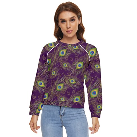 Peacock Feathers Pattern Women s Long Sleeve Raglan Tee by Cowasu