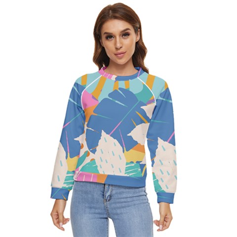 Exotic Leaves Flower Plant And Branches Art Print Botanical Pattern Women s Long Sleeve Raglan Tee by Cowasu
