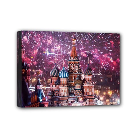 Moscow Kremlin Saint Basils Cathedral Architecture  Building Cityscape Night Fireworks Mini Canvas 7  X 5  (stretched) by Cowasu