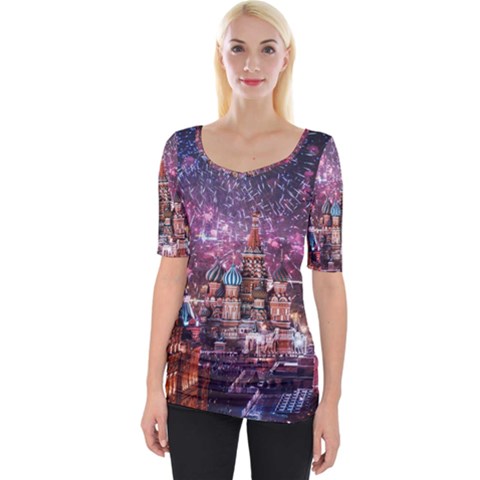 Moscow Kremlin Saint Basils Cathedral Architecture  Building Cityscape Night Fireworks Wide Neckline Tee by Cowasu