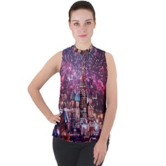 Moscow Kremlin Saint Basils Cathedral Architecture  Building Cityscape Night Fireworks Mock Neck Chiffon Sleeveless Top by Cowasu