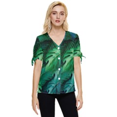 Tropical Green Leaves Background Bow Sleeve Button Up Top by Amaryn4rt