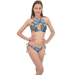 Colorful Aquatic Life Wall Mural Cross Front Halter Bikini Set by Simbadda