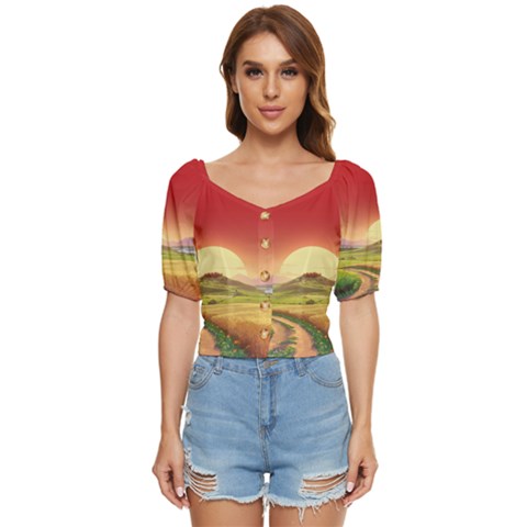 Landscape Sunset Orange Sky Pathway Art Button Up Blouse by Ravend